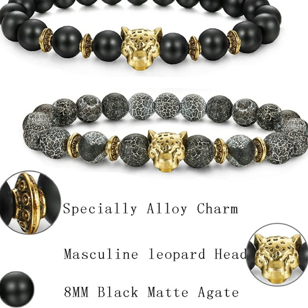 2 Gold Leopard Head 8mm Beaded Bracelets